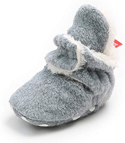 TMEOG Unisex-Baby Neugeborenes Fleece Booties Bio Baumwoll-Futter und rutschfeste Greifer Winterschuhe (A_Hellgrau, 12_Months) von TMEOG