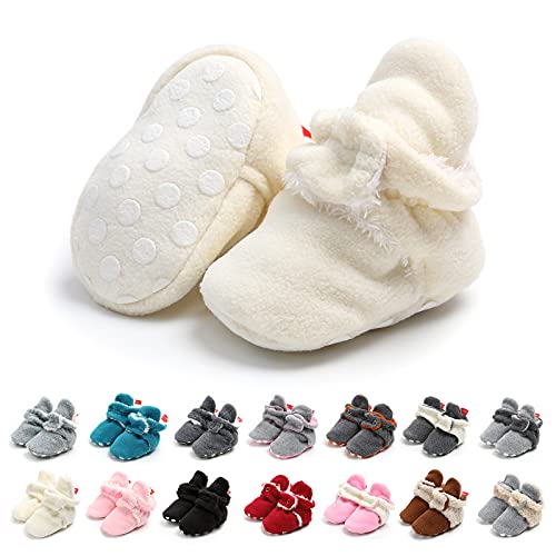 TMEOG Unisex-Baby Neugeborenes Fleece Booties Bio Baumwoll-Futter und rutschfeste Greifer Winterschuhe (A_Weiß, 0_Months) von TMEOG