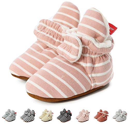 TMEOG Unisex-Baby Neugeborenes Fleece Booties Bio Baumwoll-Futter und rutschfeste Greifer Winterschuhe (B_Pink/Weiß, 0_Months) von TMEOG