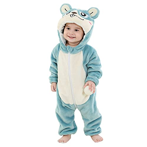 TMEOG Unisex Baby Romper Cute Warm Hase Stich Tier Lange Ärmel Reißverschluss Verdickte Fleece Herbst-Winter Kinderkleidung (18-24 Monate, A- Blauer Hamster) von TMEOG