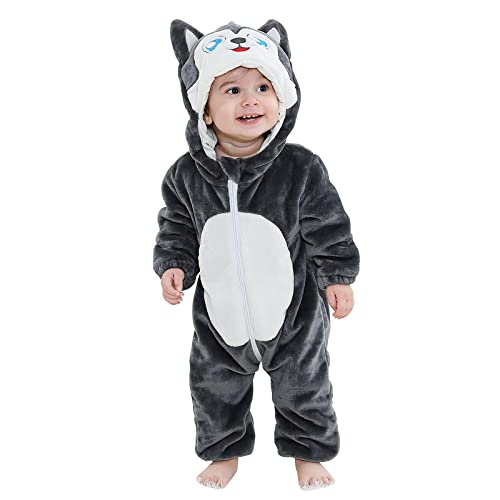 TMEOG Unisex Baby Romper Cute Warm Hase Stich Tier Lange Ärmel Reißverschluss Verdickte Fleece Herbst-Winter Kinderkleidung (18-24 Monate, A- Dunkelgrauer Husky) von TMEOG