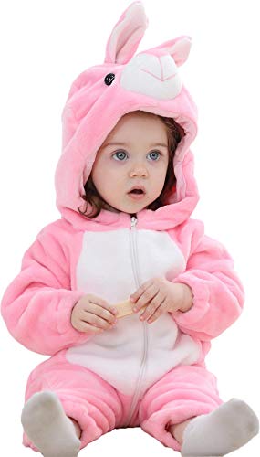 TMEOG Unisex Baby Romper Cute Warm Hase Stich Tier Lange Ärmel Reißverschluss Verdickte Fleece Herbst-Winter Kinderkleidung (90 cm (12-18 Monate), Pulver Kaninchen) von TMEOG