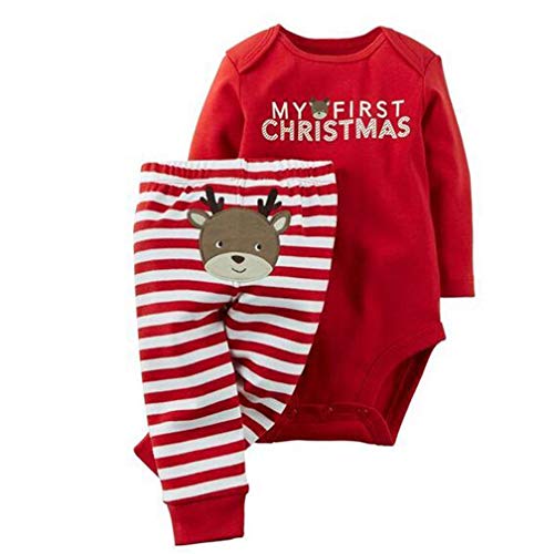 TMEOG Weihnachten Baby/Kinder Strampler Body Langarm+Lange Hosen Unisex Neugeborenes Xmas Bekleidungsset 2pcs Outfits Set Weihnachtsmann/Hirsch (18-24 Monate, Rot(Hirsch)) von TMEOG