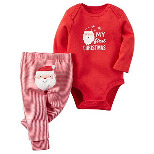 TMEOG Weihnachten Baby/Kinder Strampler Body Langarm+Lange Hosen Unisex Neugeborenes Xmas Bekleidungsset 2pcs Outfits Set Weihnachtsmann/Hirsch (3-6 Monate, Rot(Santa)) von TMEOG