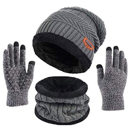 TMEOG Wintermütze Herren Mütze Schal Handschuh-Sets, Touchscreen Handschuhe Beanie Warme Mütze Strickmütze Winterschal Herren mit Fleecefutter (A - Grau) von TMEOG