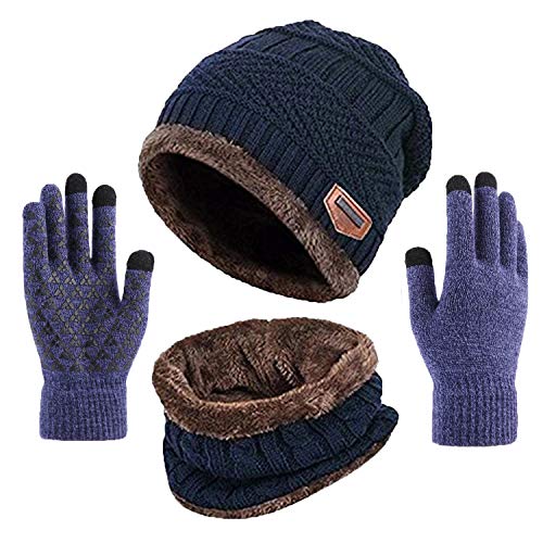 TMEOG Wintermütze Herren Mütze Schal Handschuh-Sets, Touchscreen Handschuhe Beanie Warme Mütze Strickmütze Winterschal Herren mit Fleecefutter (A - Marine) von TMEOG