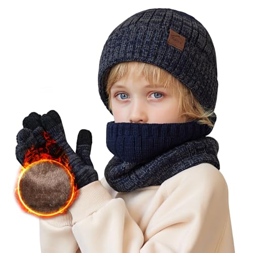 TMEOG Wintermütze Kinder Schal Handschuhe set, Strickmütze Kleinkind Loop Schal mit Fleece Futter Touchscreen Handschuhe Mütze, Schal & Handschuh-Sets für Jungen Mädchen 4-10 Jahre (Blau) von TMEOG