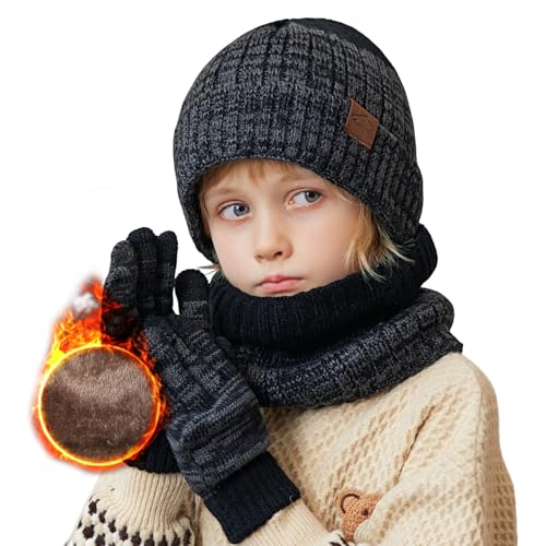 TMEOG Wintermütze Kinder Set Mit Schal Und Handschuhen - Strickmütze Kleinkind Mit Fleece Futter, Touchscreen Handschuhe - Für Jungen Mädchen 4-10 Jahre (Schwarz) von TMEOG