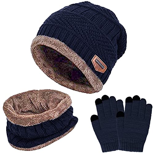 TMEOG Wintermütze Kinder Schal Handschuhe set, Strickmütze Kleinkind Loop Schal mit Fleece Futter Touchscreen Handschuhe Mütze, Schal & Handschuh-Sets für Jungen Mädchen 5-10 Jahre(blau) von TMEOG