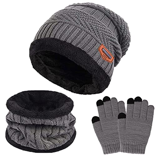 TMEOG Wintermütze Kinder Schal Handschuhe set, Strickmütze Kleinkind Loop Schal mit Fleece Futter Touchscreen Handschuhe Mütze, Schal & Handschuh-Sets für Jungen Mädchen 5-10 Jahre(grau) von TMEOG