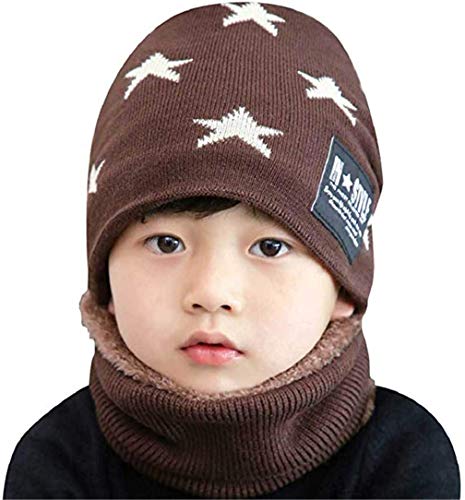 TMEOG Wintermütze Kinder Mütze Schal Set Beanie Kleinkind Loop Schal mit Fleece Gefütterte Warme Kindermütze Schlauchschal Strickmütze für Jungen Mädchen(3-10Jahre,Braun) von TMEOG