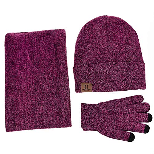 TMEOG Wintermütze Herren Mütze Schal Handschuh-Sets, Touchscreen Handschuhe Beanie Warme Mütze Strickmütze Winterschal Herren mit Fleecefutter (Hot Pink) von TMEOG