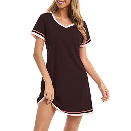 Damen Nachtkleid Kurzarm Nachthemd V-Ausschnitt Pyjama Lässige Nachtwäsche A-Linie Sleepshirt(M-Kaffee) von TMISHION