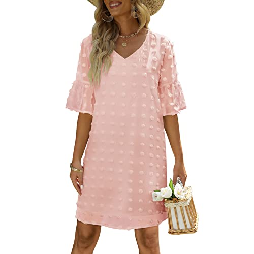 TMISHION Damen Kurzarm V-Ausschnitt Sommerkleid Chiffon Schweizer Polka Dots Rüschen Flare Ärmel A-Linie Kleid(S-Rosa) von TMISHION