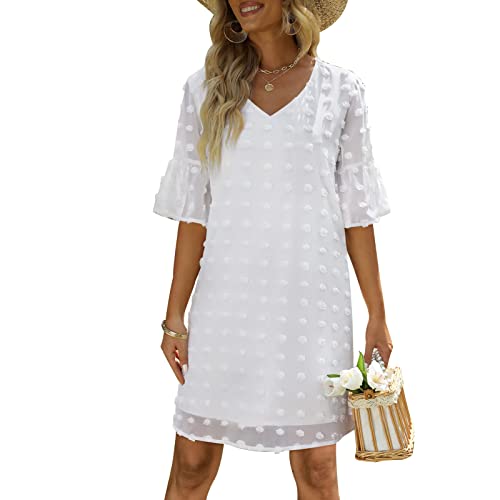 TMISHION Damen Kurzarm V-Ausschnitt Sommerkleid Chiffon Schweizer Polka Dots Rüschen Flare Ärmel A-Linie Kleid(XL-Weiß) von TMISHION