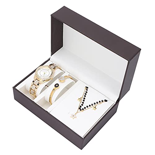 Uhr mit Armband Set, Damen Alloy Armbanduhr Armreif Damas Armbanduhr Schmuck Set Stilvoll Analog Armband Halskette Metall Armbanduhr Armbanduhr Armreif Armband Schmuck Set(Golden) von TMISHION