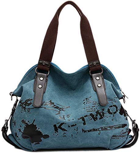 Damen Handtasche Groß Umhängetasche Canvas Tasche Henkeltasche Damen Canvas Shopper für Mädchen Schule Einkäufe (Blau) von TMKMO