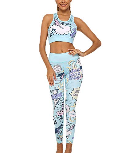 Damenmode Yoga Fitness Trainingsanzug - Fun Comic Print Sport-BH und Leggings 2-teiliges Set Crop Top Leggings mit hoher Taille Spaß Comic Print Yoga Gym Fitness Trainingsanzug (Blau,L) von TMKMO