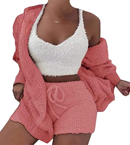 Winter Frühling Pyjamas Damen Mädchen Dreiteilig Ensembles de Pyjama Warm Coral Fleece Samt Nachtwäsche Kapuzenpullover Jacke Crop Tank Top und Shorts von TMKMO