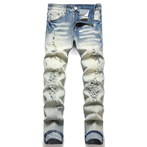 TMMMT Herren Fashion Washed Straight Fit Slim Jeans, 8803 Retro Blau, 28 von TMMMT