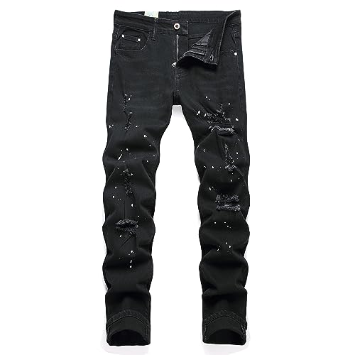 TMMMT Herren Fashion Washed Perforated Elastic Slim Fit Jeans, Schwarz, 48 von TMMMT