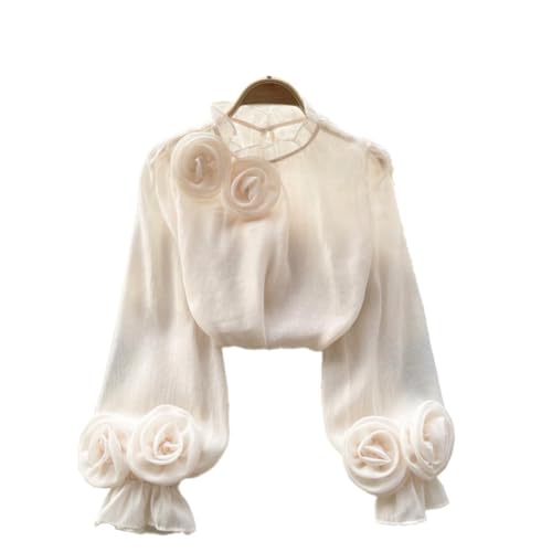 Chiffon Tunika Bluse mit Rosen Puffärmel Oberteile Laterne langärmelig Langarm Netz Oberteil Mesh Sheer Top Langarmshirt Tops Loose fit Shirt Rundkragen Bluse für Damen Frühling Herbst Sommer von TMTGTS