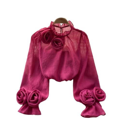 Chiffon Tunika Bluse mit Rosen Puffärmel Oberteile Laterne langärmelig Langarm Netz Oberteil Mesh Sheer Top Langarmshirt Tops Loose fit Shirt Rundkragen Bluse für Damen Frühling Herbst Sommer von TMTGTS