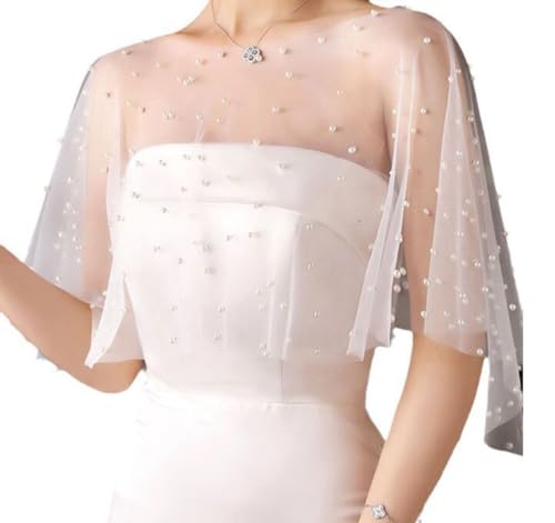 Damen Chiffon Stola Cape Umhang 60cm Perlen Hochzeit Capes Wrap Hochzeits Braut Schulter Abdeckungsschal Tüll Schal für Party Formal Cover Up von TMTGTS
