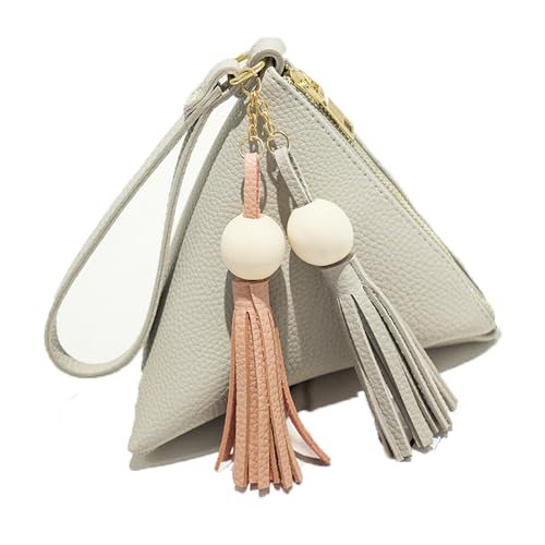 Damenhandtaschen Klein 1 Stück Mini Geldbörse Mit Quaste Holzperlen Coin Pouch Dreieckstasche mit Reißverschluss Schlüsselbund Leder Geldbörse Mini Münzbörse Geeignet für Teenager Women(Grau) von TMTGTS