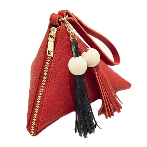 Damenhandtaschen Klein 1 Stück Mini Geldbörse Mit Quaste Holzperlen Coin Pouch Dreieckstasche mit Reißverschluss Schlüsselbund Leder Geldbörse Mini Münzbörse Geeignet für Teenager Women(Rot) von TMTGTS