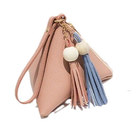 Damenhandtaschen Klein 1 Stück Mini Geldbörse Mit Quaste Holzperlen Coin Pouch Dreieckstasche mit Reißverschluss Schlüsselbund Leder Geldbörse Münzbörse Geeignet für Teenager Women(Rosa) von TMTGTS