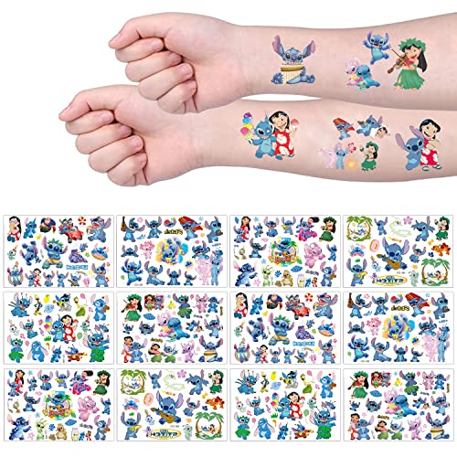 Tattoo Kinder, 12 Blätter Stitch Temporäre Tattoo Aufkleber Set für Mädchen Jungen Wasserdichte Kindertattoos Tattoo Mitgebsel Kindergeburtstag Geschenk Mädchen Junge Kinder Party Deko von TMXKDSJ