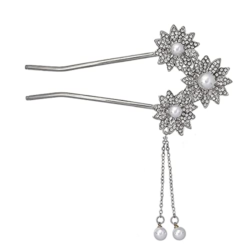 Haarnadeln,Haarnadeln für Dutt 2er-Pack Haarstäbchen mit Strass-Blumenmuster for Dutts, Perlenquasten-Haarstäbchen-Clips, U-förmige Haargabel-Haarnadel for Damen-Haar-Accessoire(Silver) von TNBCCXN
