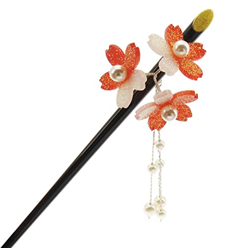 TNBCCXN Haarnadeln,Haarnadeln für Dutt Damen-Haarstab for langes Haar, Perlen-Blumen-Quasten-Haar-Essstäbchen, Hochzeits-Haar-Accessoire, Haarnadel for Braut-Brötchen(Orange) von TNBCCXN