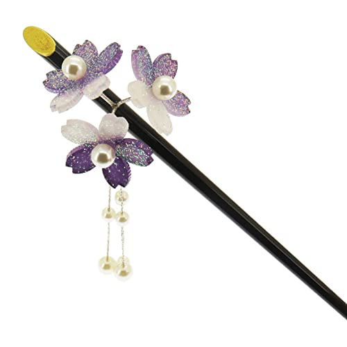 Haarnadeln,Haarnadeln für Dutt Damen-Haarstab for langes Haar, Perlen-Blumen-Quasten-Haar-Essstäbchen, Hochzeits-Haar-Accessoire, Haarnadel for Braut-Brötchen(Purple) von TNBCCXN
