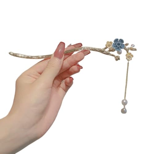 Haarnadeln,Haarnadeln für Dutt Modischer Haarstab for Dutts, Blumen-Quasten-Haar-Essstäbchen-Clips, elegante Haarnadel for Damen-Haar-Accessoire(Blue) von TNBCCXN