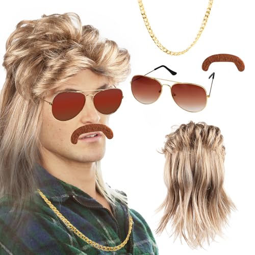 TNEDFOD Vokuhila Perücke Herren 4er Set, 80er 90er Jahre Outfit Accessoires Herren, Männer Blonde Vokuhila Karneval Fasching Perücke Faschingskostüme Halloween Party Kostüme Disco Party Kleidung von TNEDFOD