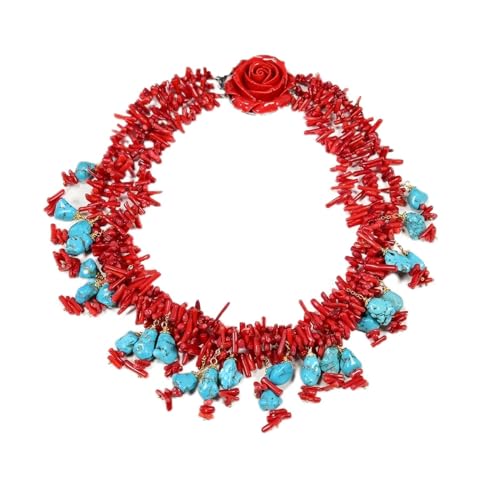 TNGNMGVSJ 18'' 3 Stränge Rote Koralle Chips Blau Türkis Anhänger Halskette Handgemacht for Frauen von TNGNMGVSJ