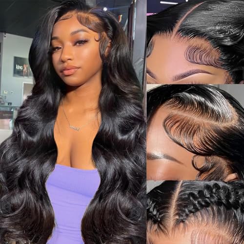 16 Inch 13x6 HD Lace Front Wigs Human Hair Brazilian Virgin Hair Body Wave Transparent Lace Frontal Wig Pre Plucked 230% Density Glueless Lace Wig Human Hair for Black Women Natural Color von TNICE