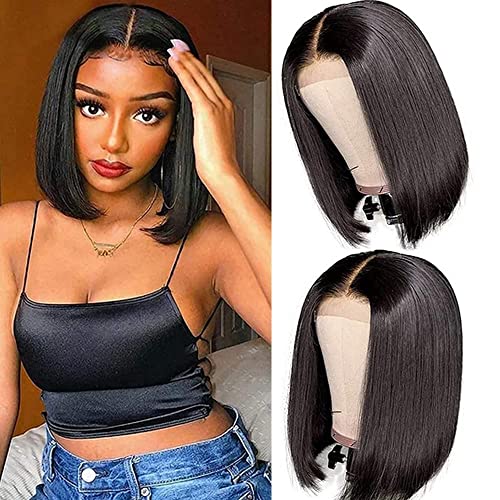 Bob Wig Human Hair Wig 4x4 Lace Front Wigs Virgin Human Hair Brazilian Straight Bob Wig 180% Density Wigs for Black Women Natural Colour (8 inch) von TNICE