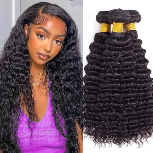 Deep Wave Human Hair Bundles 18 20 22 Inch Curly Human Hair Extension for Women 100% Unprocessed Brazilian Virgin Human Hair 3 Bundles Human Hair Natural Color von TNICE