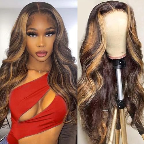 Echthaar Perücke 13x4 Body Wave Lace Frontal Wig Human Hair (16 inch) Perücke Damen Brazilian Curly Human Hair Wig 150% Density Glueless Wig Highlight Blond #4/27 Color von TNICE
