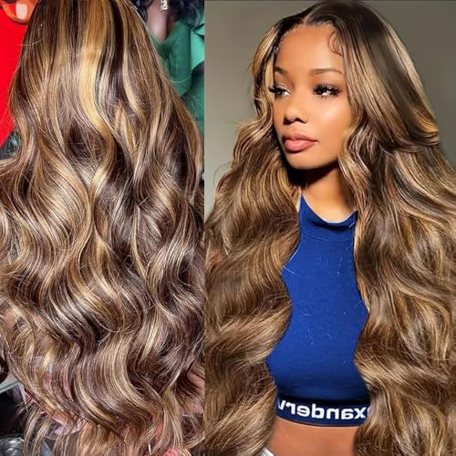 Echthaar Perücke 13x4 Body Wave Lace Frontal Wig Human Hair (28 inch) Perücke Damen Brazilian Curly Human Hair Wig 150% Density Glueless Wig Highlight Blond #4/27 Color von TNICE