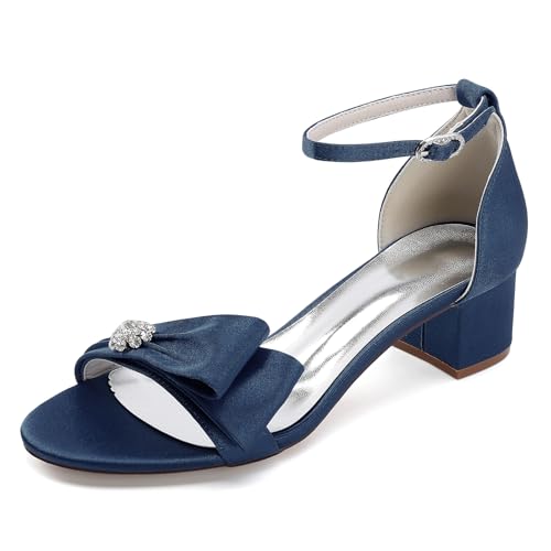 TNMIUH Bequeme Braut Sandalen Damen, Weiß Satin, Niedrigem Blockabsatz mit Knöchelriemen, Kristall-Verzierung, Elfenbein Hochzeit Pumps, Elegante Partyschuhe,Marine,38 EU von TNMIUH
