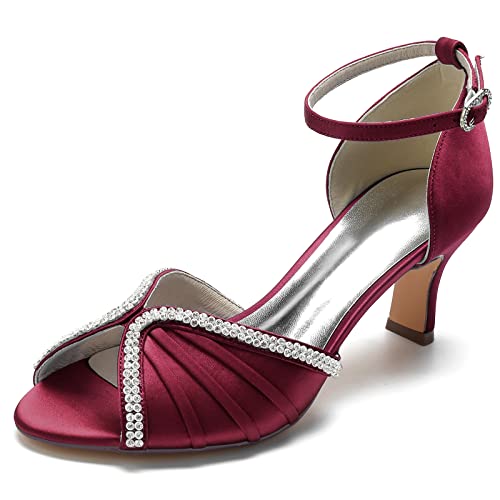 TNMIUH Braut-Hochzeitsschuhe Kitten-Pumps aus Satin mit niedrigem Absatz und Peep-Toe – Funkelnde Strasssteine, Verstellbarer hautfarbener Fesselriemen (bequem, elegant),Wine red,38 EU von TNMIUH