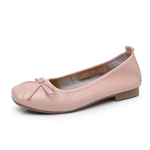 TNMIUH Damen Ballerinas, Leder, Dekorative Schleife, Flache Sohle, Komfortabel Slipper Schuhe,Beige,Schwarz,Rosa,Gelb,Rosa,38 EU von TNMIUH