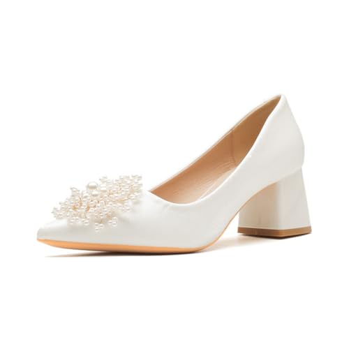 TNMIUH Damen Braut Pumps mit Perlenblüten-Verzierung, Spitze Form, Blockabsatz, Weiß Elegante Bequeme Brautschuhe Kleid Party Heels,Weiß,40 EU von TNMIUH