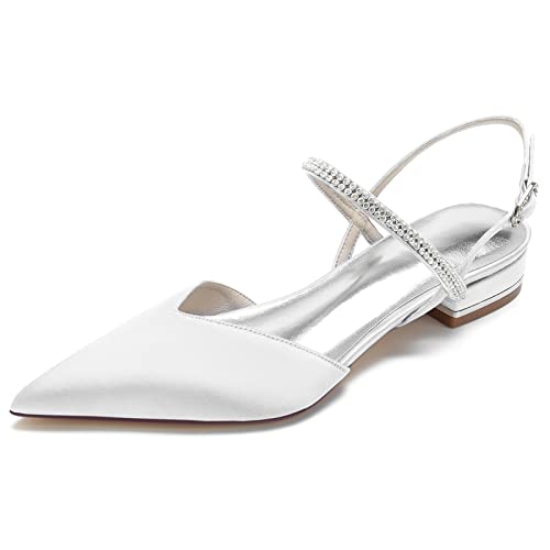 TNMIUH Damen-Brautschuhe aus Satin mit Strasssteinen – Funkelnde Kristal Slingback-Flache Hochzeitsschuhe - Hochzeitsfeier, Abendkleider (Weiß/Elfenbein),Weiß,38 EU von TNMIUH