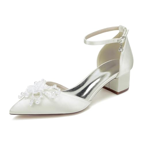 TNMIUH Damen Brautschuhe mit Spitze und Blumenmuster niedriger Absatz Blockabsatz geschlossene Zehenpartie Satin Knöchelriemen Pumps bequemer Blockabsatz Hochzeitsschuhe,Elfenbein,39 EU von TNMIUH