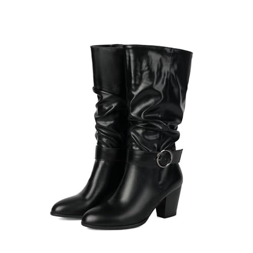 TNMIUH Damen Halbstiefel mit Schnalle,6,5cm Blockabsatz, Doppelschnallen, Modische Herbst Winter Damen Biker Stiefel, Schwarz & Weiß,Schwarz,44 EU von TNMIUH